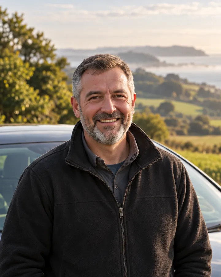 Portrait of Graham Holt, grey-haired with a short beard, in a dark fleece, smiling beside a car above the coast