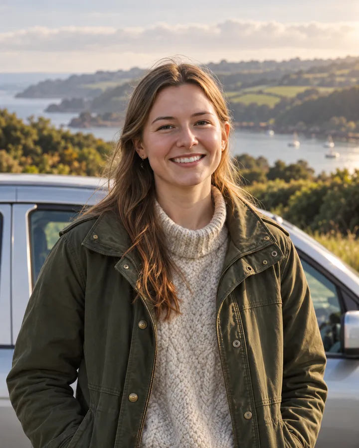 Portrait of Leah Brennan, long light-brown hair, in an olive jacket over a cream jumper, smiling beside a car