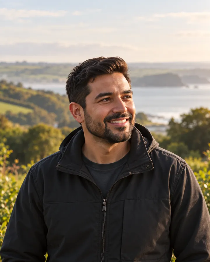 Portrait of Marco Reyes, short dark hair and a beard, in a dark jacket, smiling with the coast behind