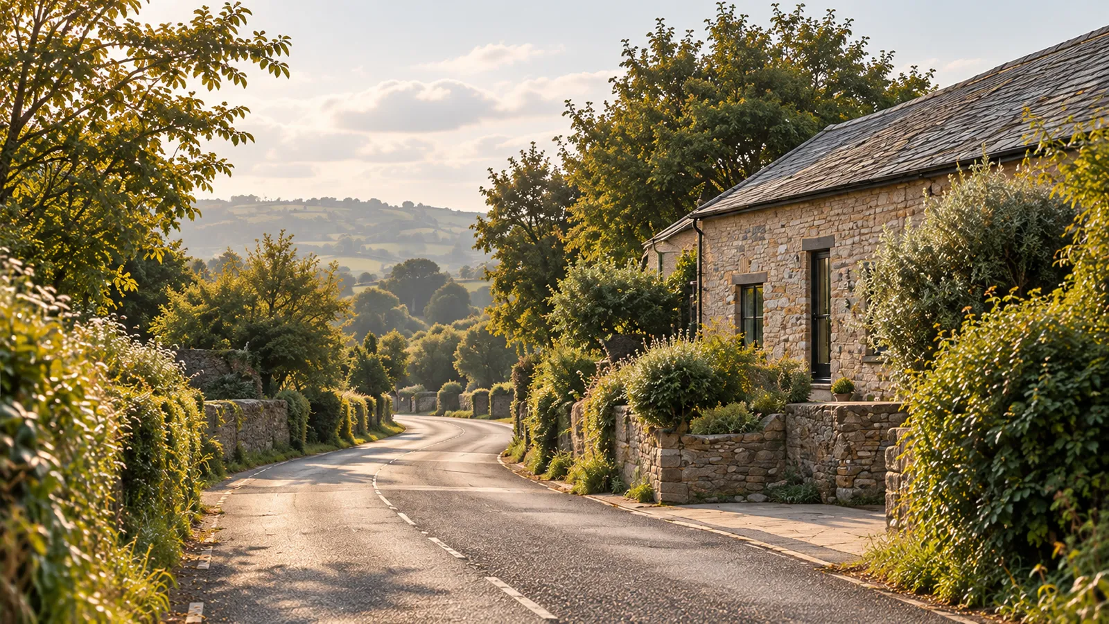 A stone farm building with a slate roof beside a winding lane, hedges and trees in morning light
