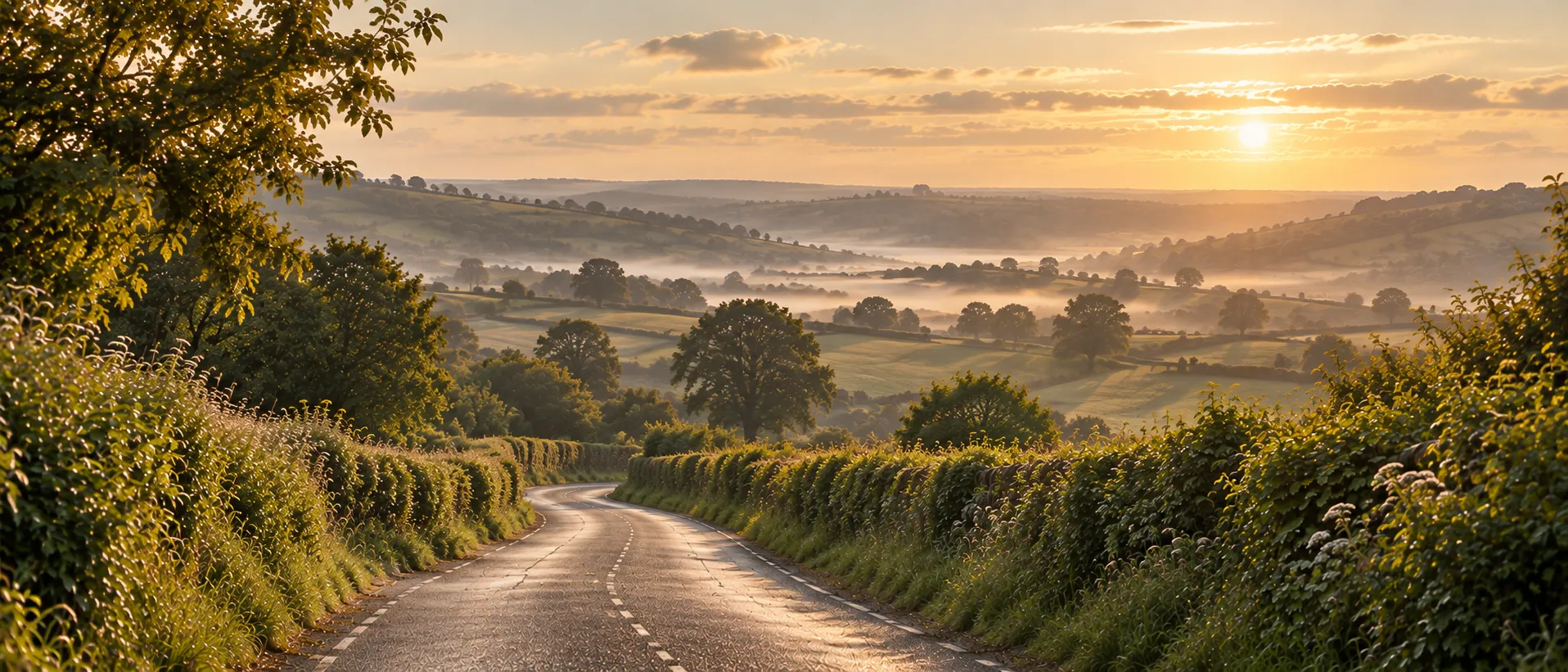A quiet lane at sunrise running between hedges into a valley of fields and morning mist