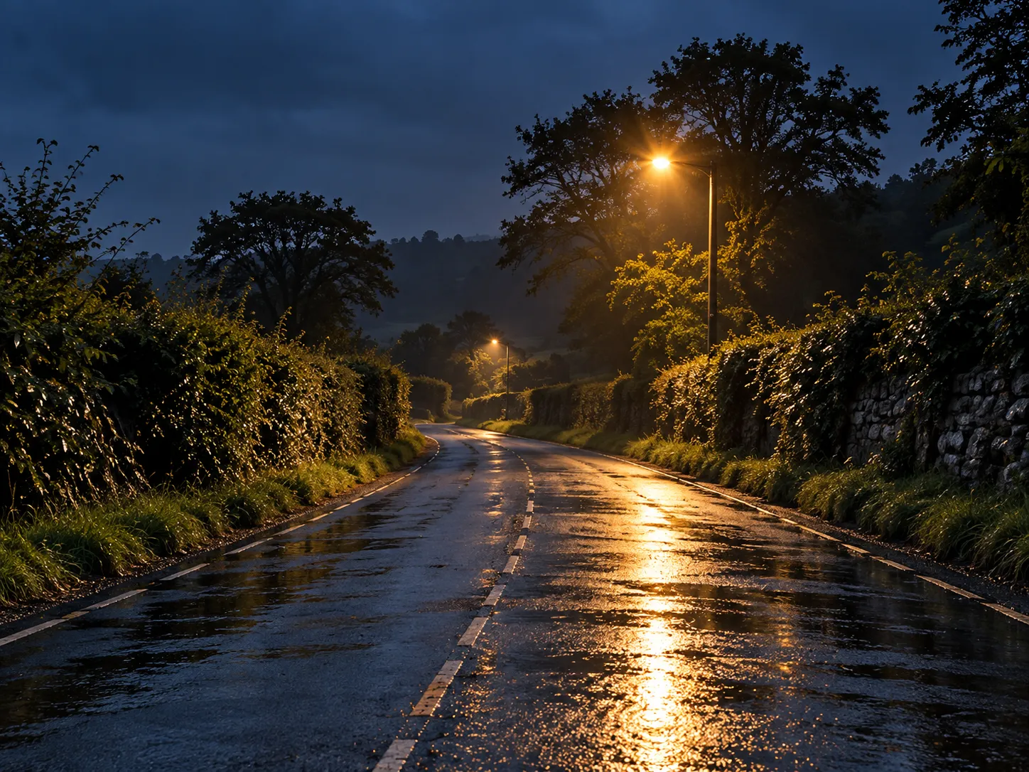 A wet country lane at dusk under one street lamp, its light reflected along the tarmac