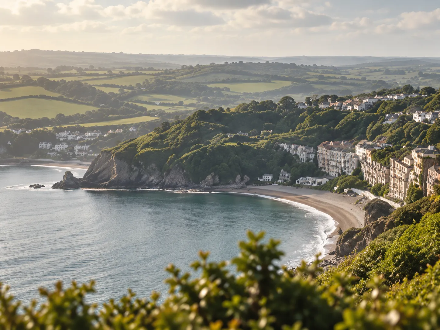 A small coastal town on a curved bay seen from the hillside above, green fields behind