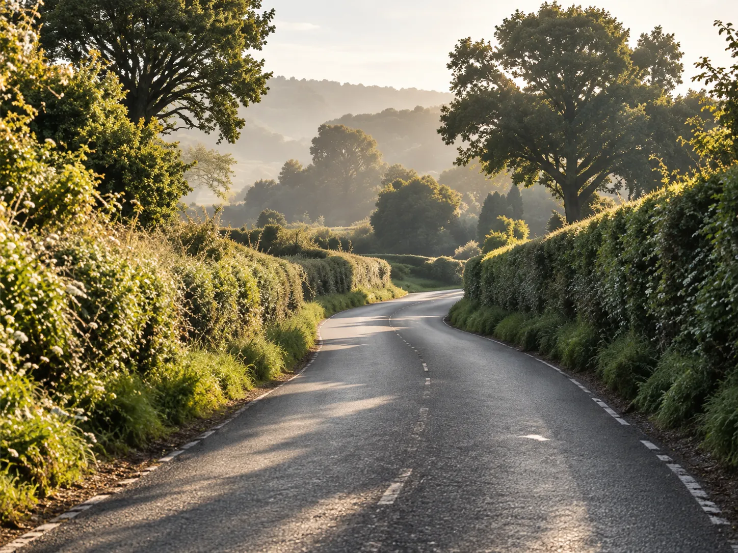 A narrow lane between tall hedges curving away under trees in soft morning light