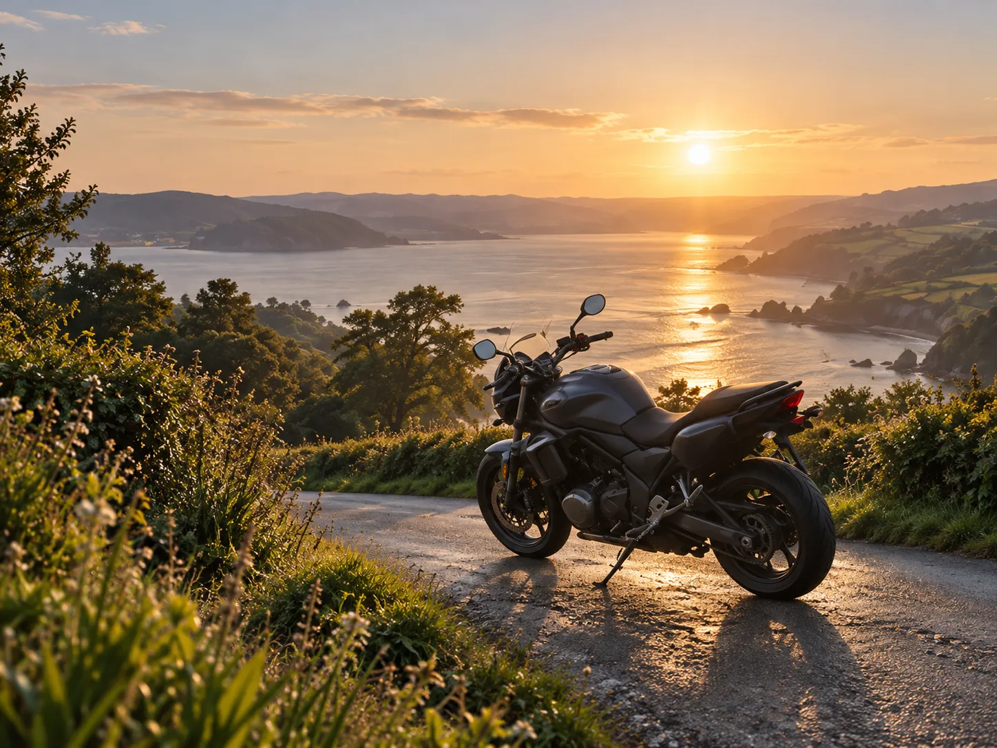 A motorcycle parked on a coastal bend at sunrise, the sea and a headland behind
