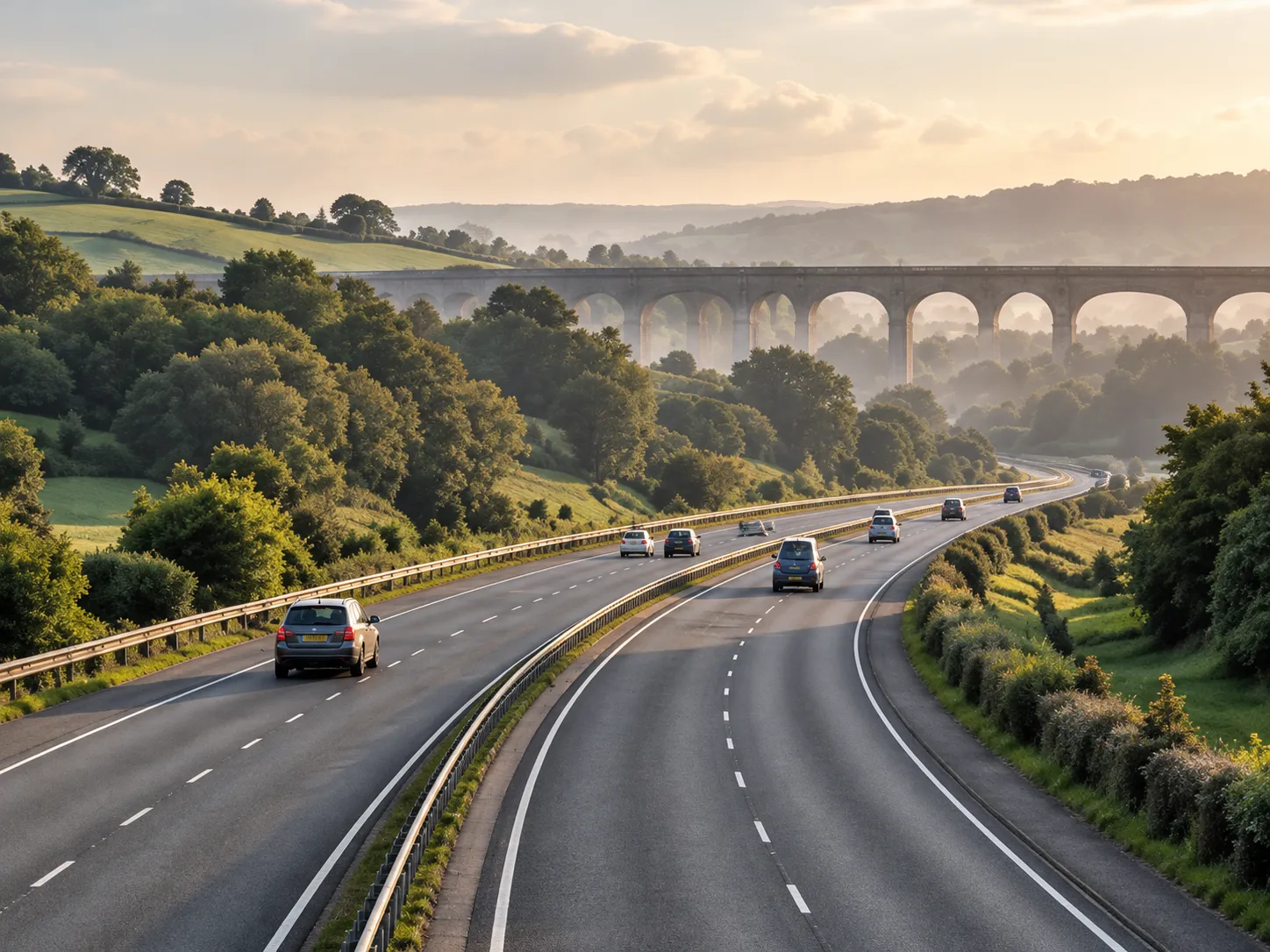 A dual carriageway curving through green countryside with a stone viaduct behind and a few distant cars