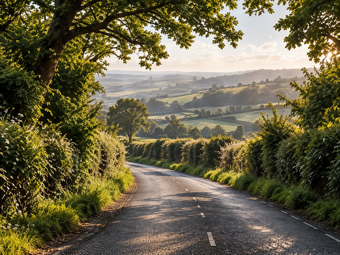 A lane leaving the shade of trees and opening onto fields and hedgerows