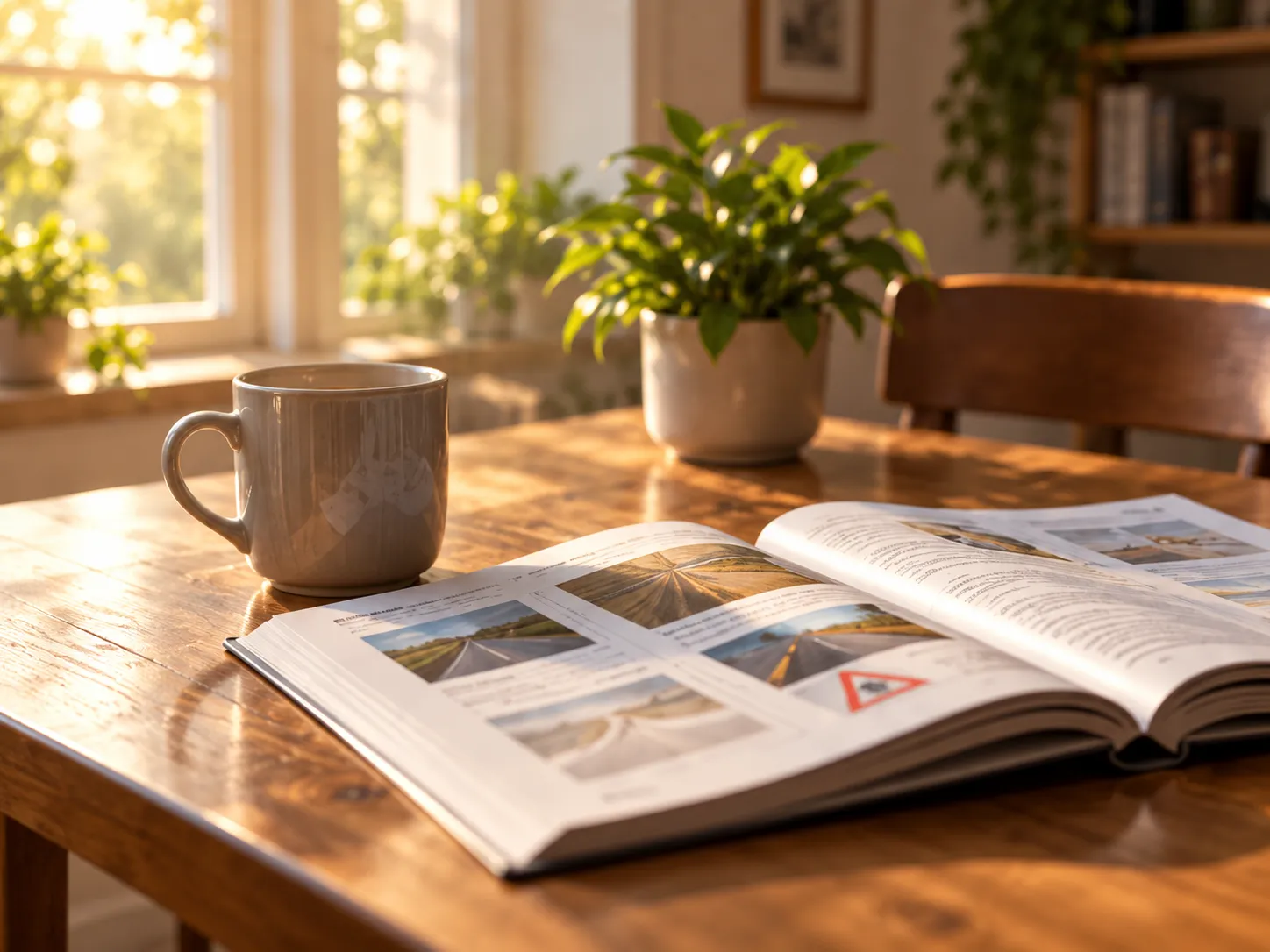 A mug and an open study booklet on a wooden table by a sunny window