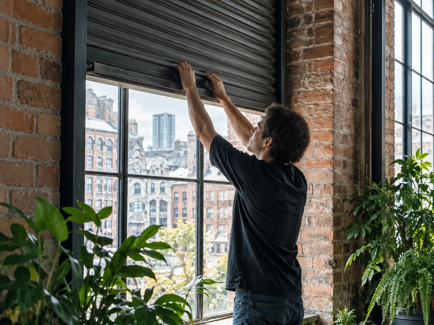 A man in a black T-shirt lifts a steel shutter from a tall window that looks over brick buildings