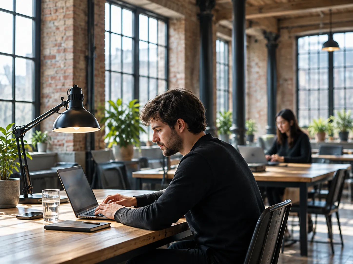 A man types on a laptop under a desk lamp, others working quietly at long tables behind him