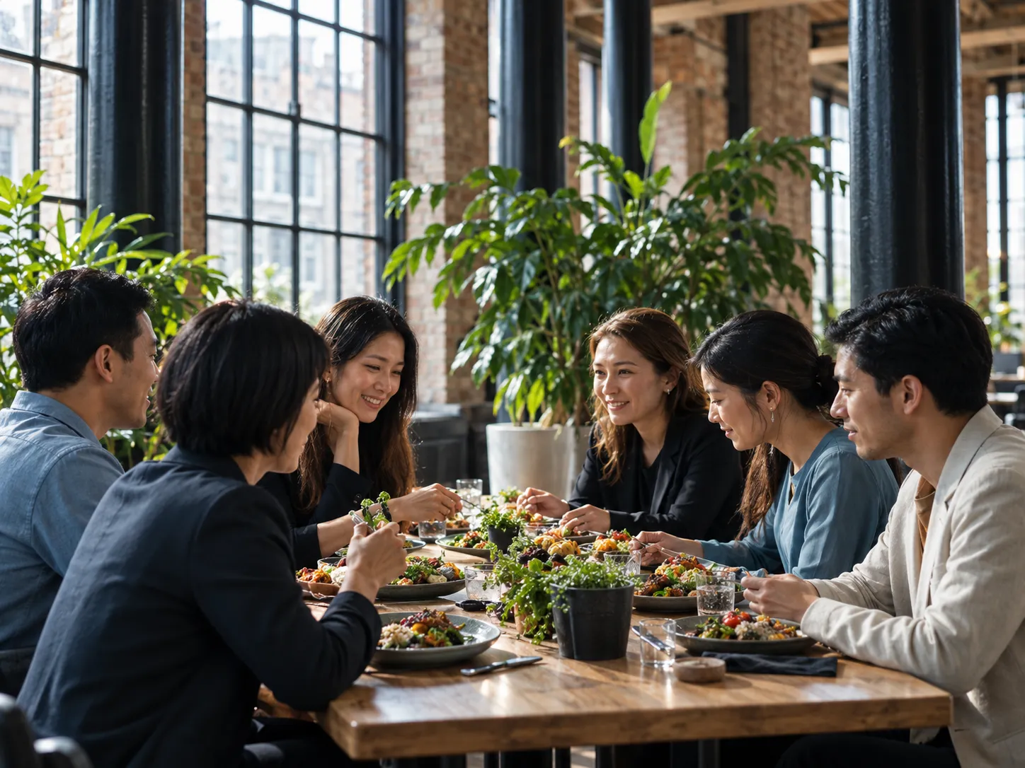 Seven people share lunch and talk around a timber table beside a large plant and steel windows