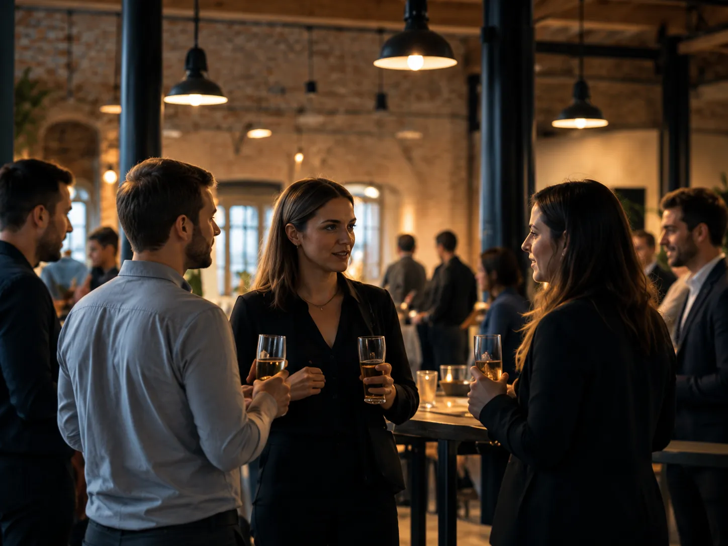 Small groups talking with drinks in the hall under black pendant lamps in the evening