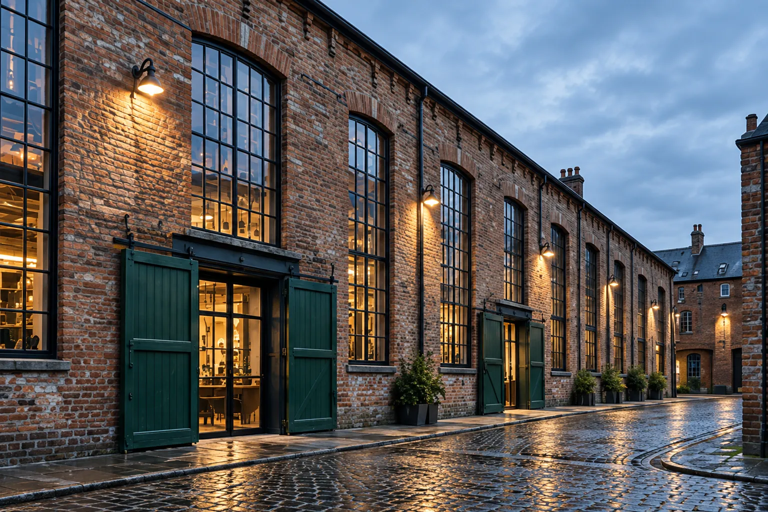The brick warehouse front with tall steel windows and green loading doors on a wet cobbled lane