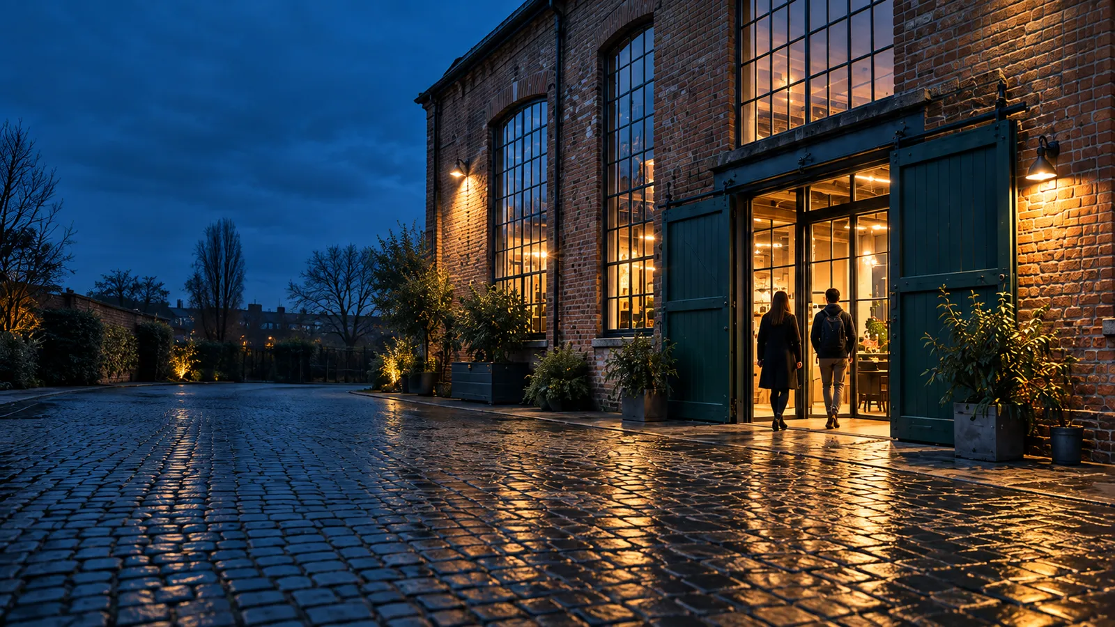 The warehouse at blue hour, two people walking in through lit green loading doors from a wet cobbled yard