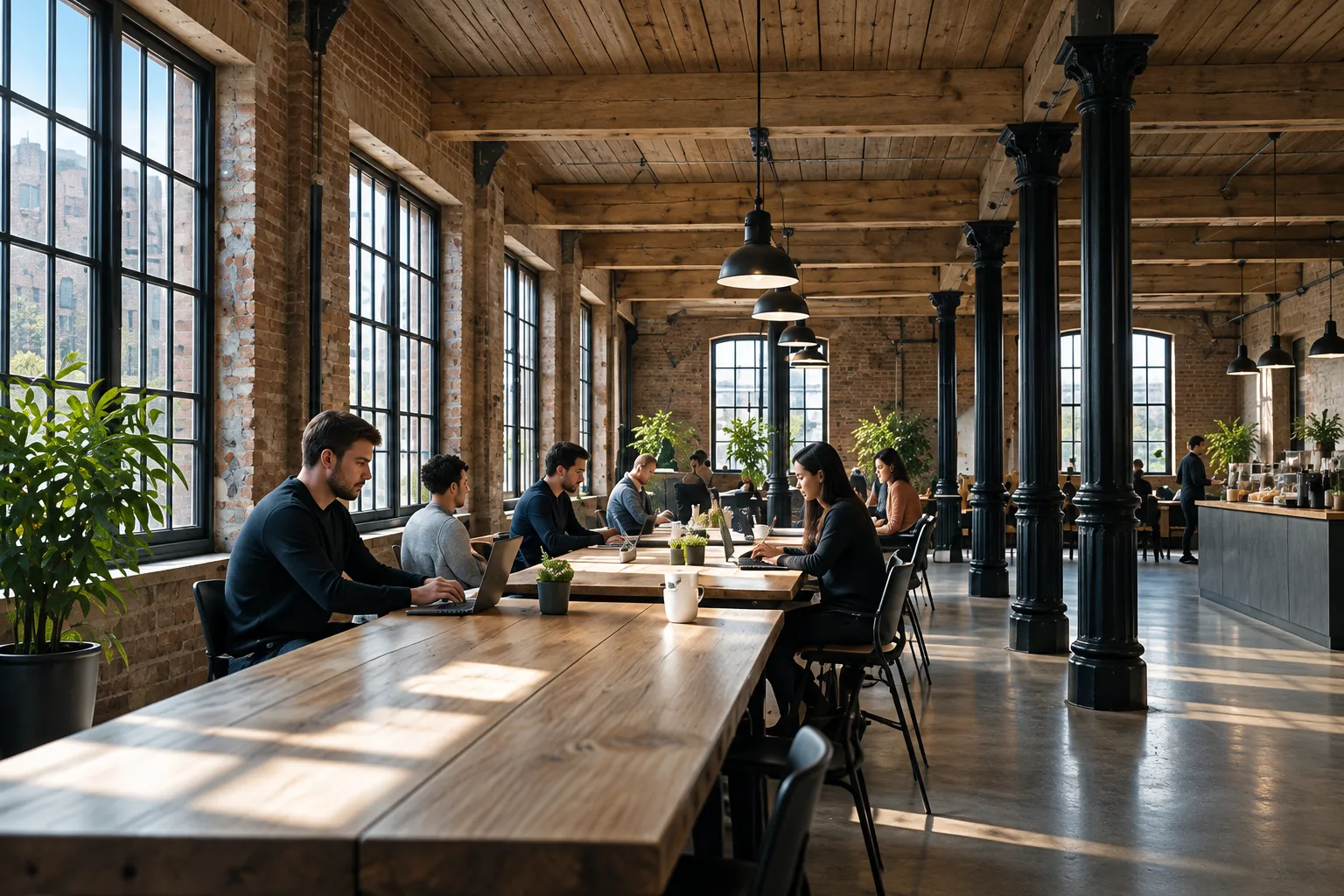 Long timber tables by tall windows on the ground floor, a few people at laptops and a café counter at the back