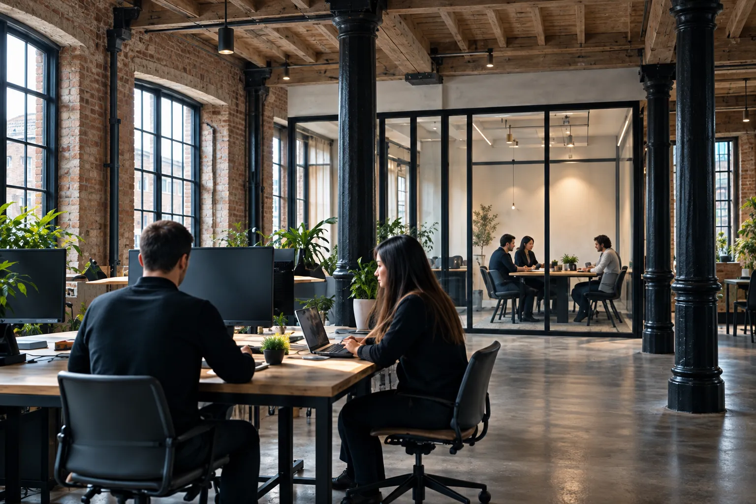 Fixed desks with monitors in front of a glazed meeting room where a small team sits round a table