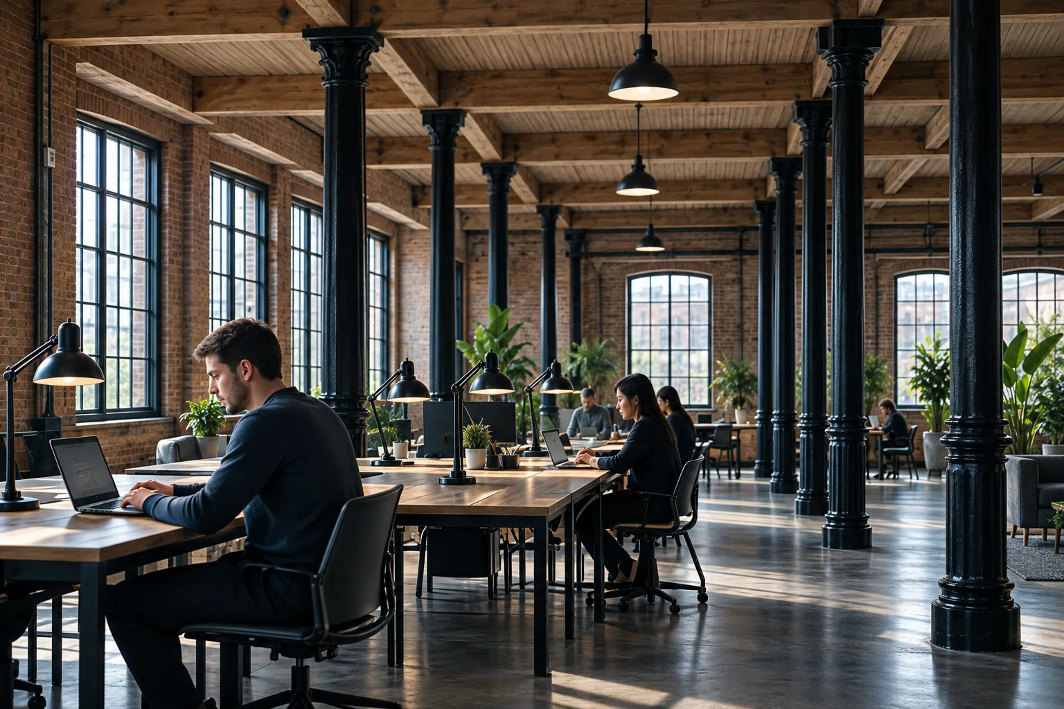 Rows of desks under the timber ceiling and iron columns, people working at laptops in the north light
