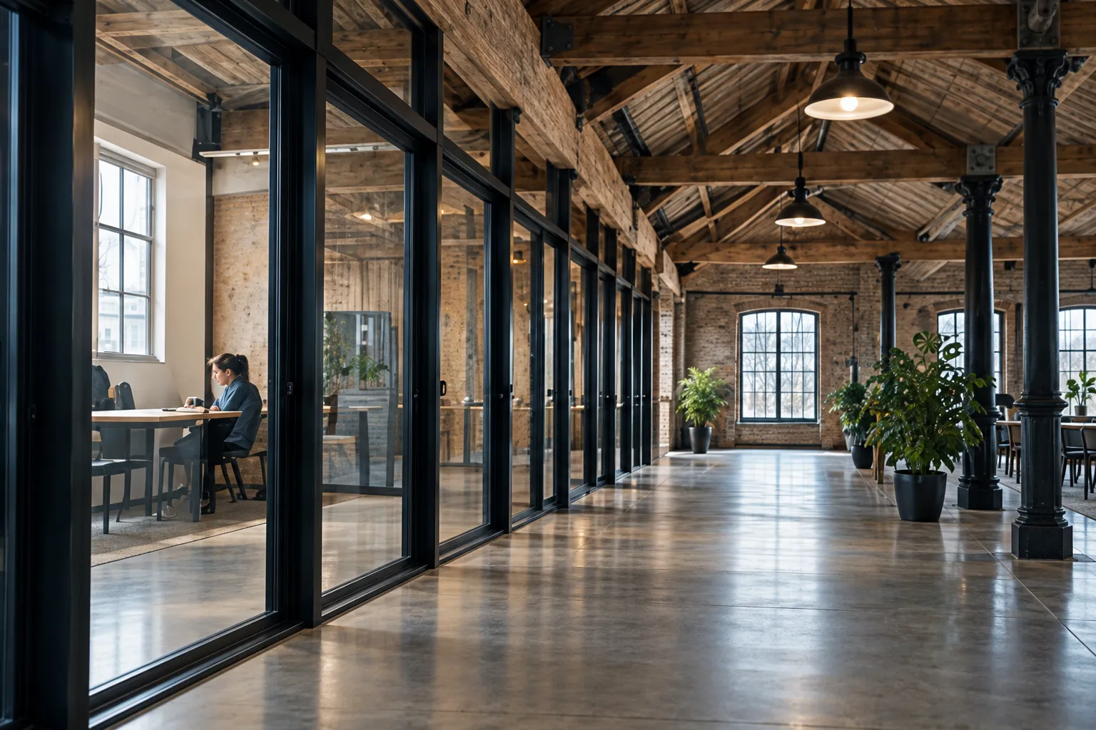 A corridor of glazed studios under exposed roof trusses, one person working at a desk inside