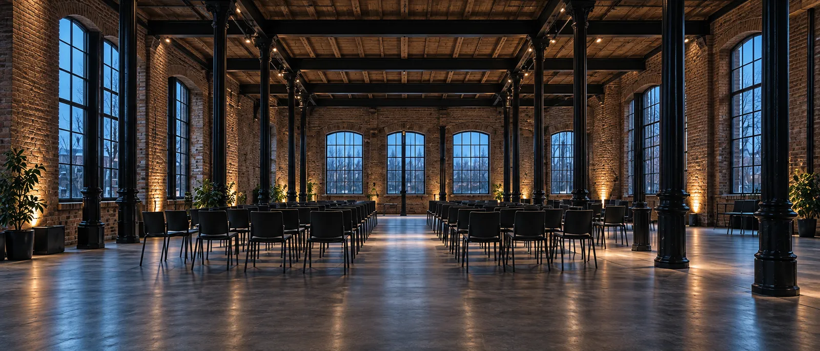 The empty hall at blue hour, black chairs set in rows between iron columns and lit brick walls