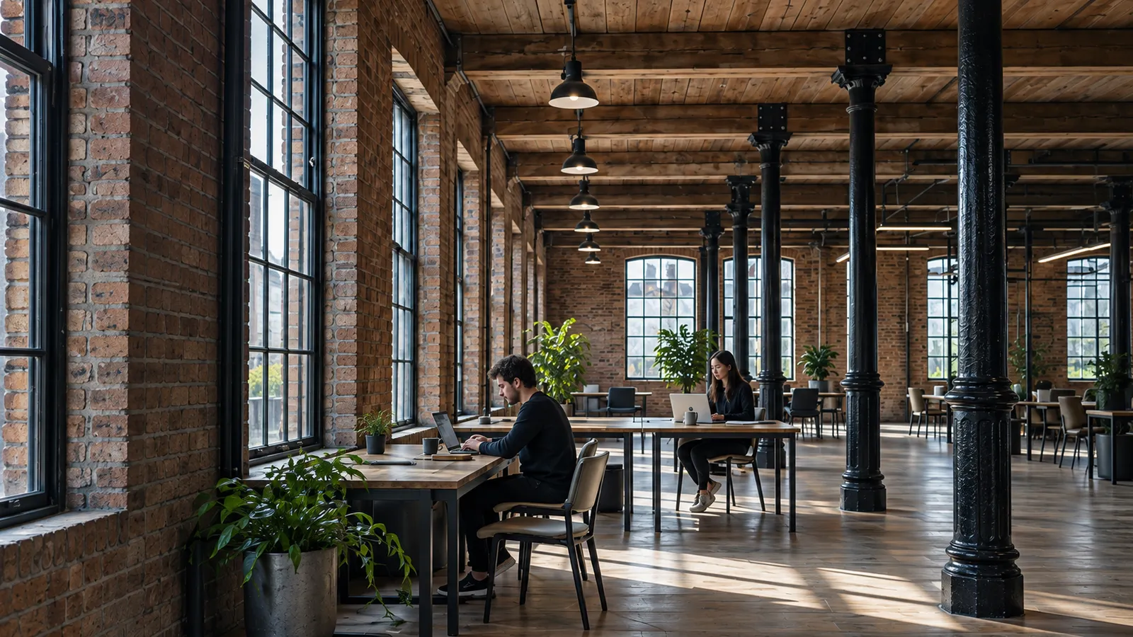 A long warehouse floor under a timber ceiling and iron columns, two people working at tables by tall steel windows