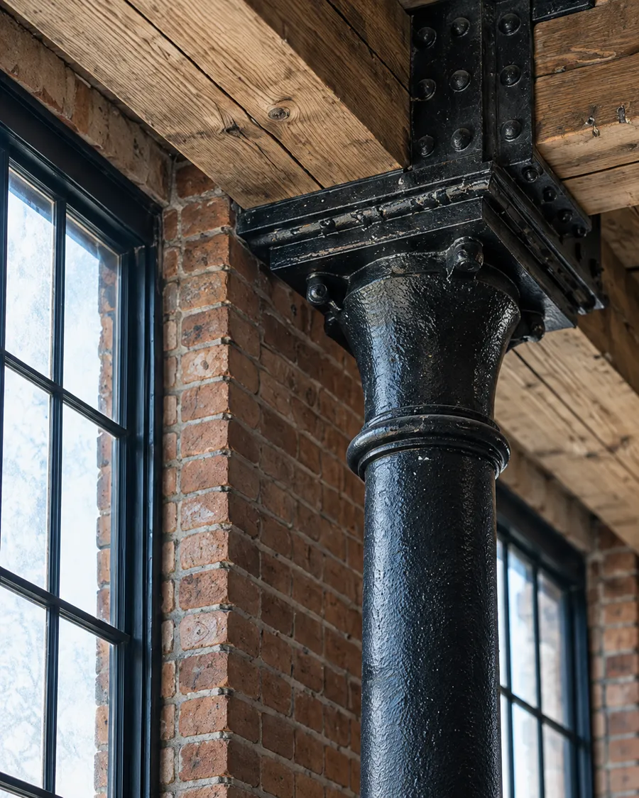 A black cast-iron column meeting timber beams beside a bare brick wall and a steel-framed window