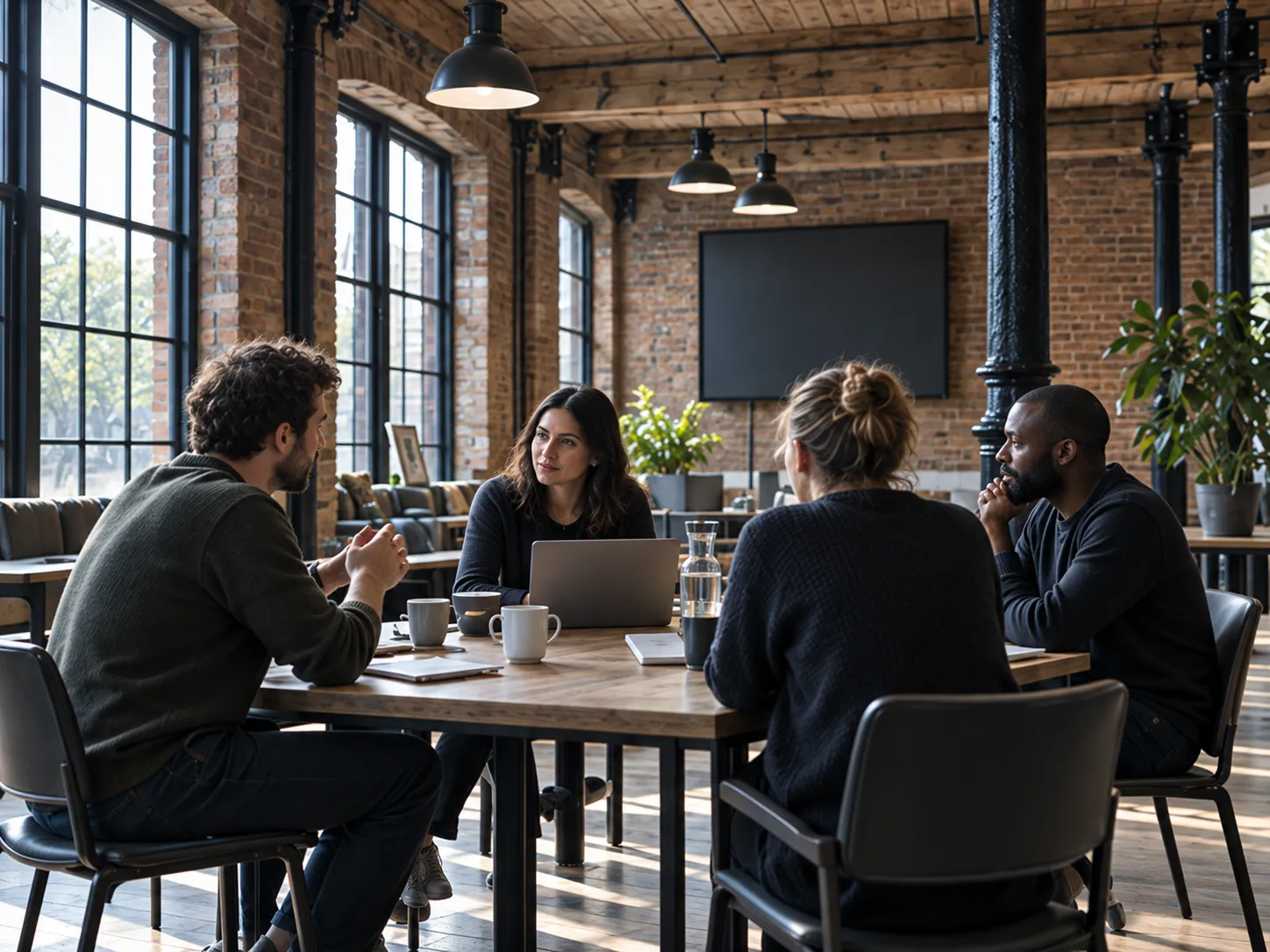 Four people talk around a timber table with a laptop and mugs, a blank screen on the brick wall behind them
