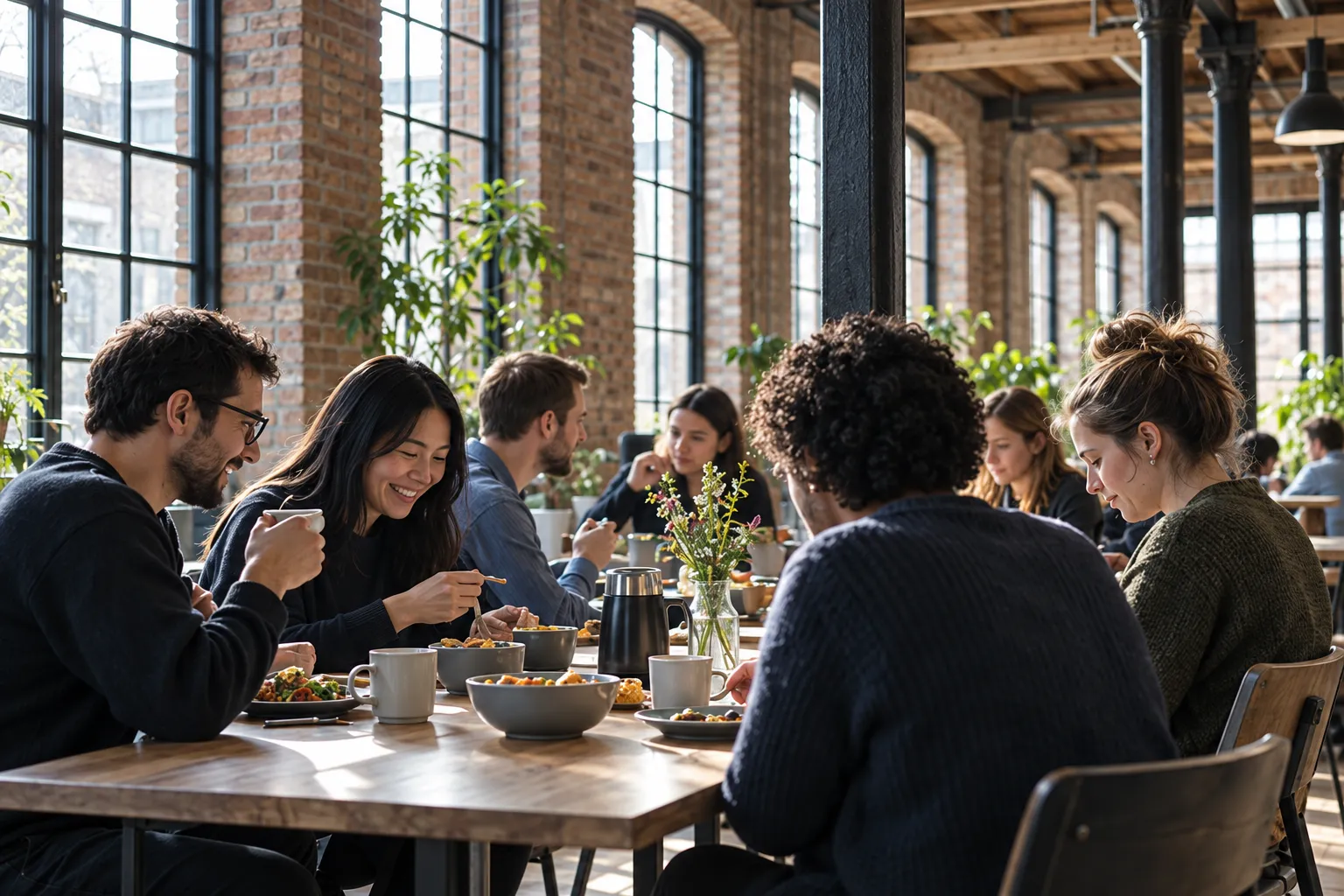People eat breakfast and talk at a long timber table, mugs and bowls between them, steel windows behind