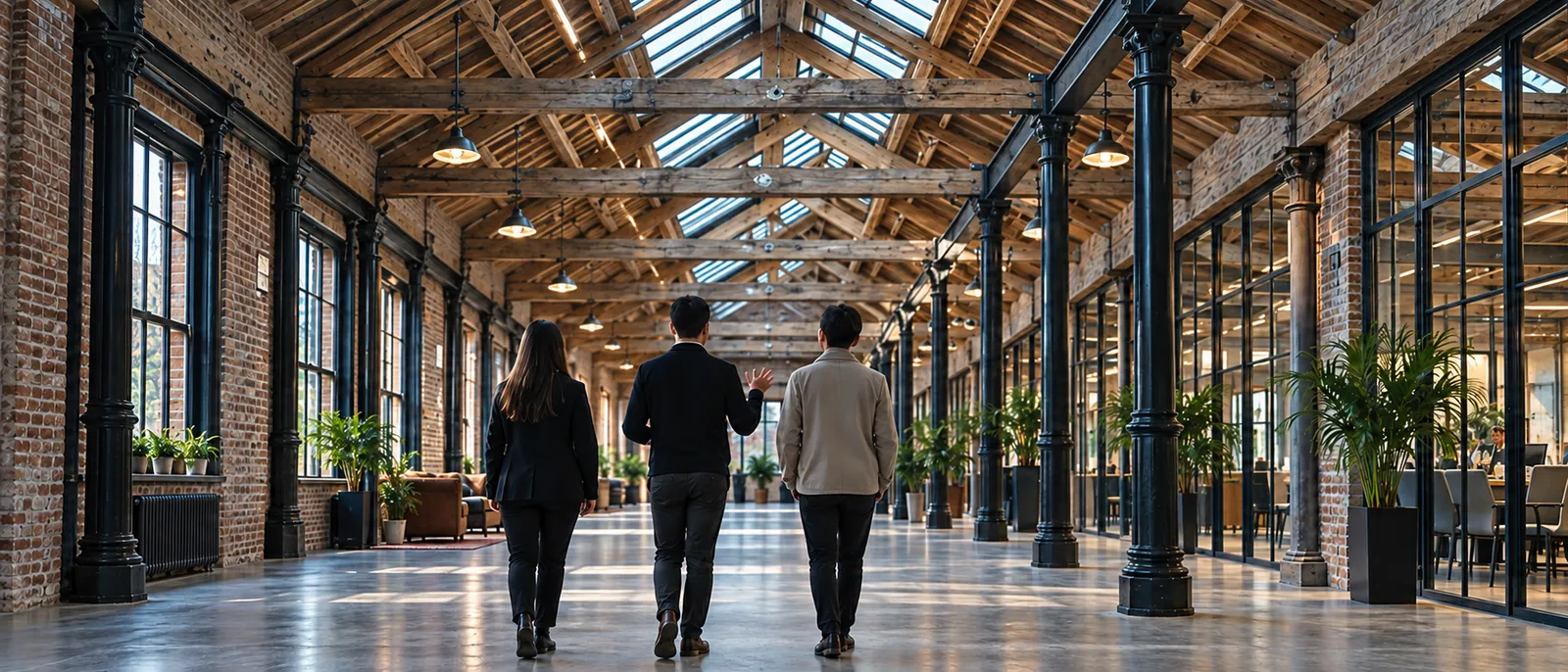 Three people seen from behind walking down a long hall under timber roof trusses