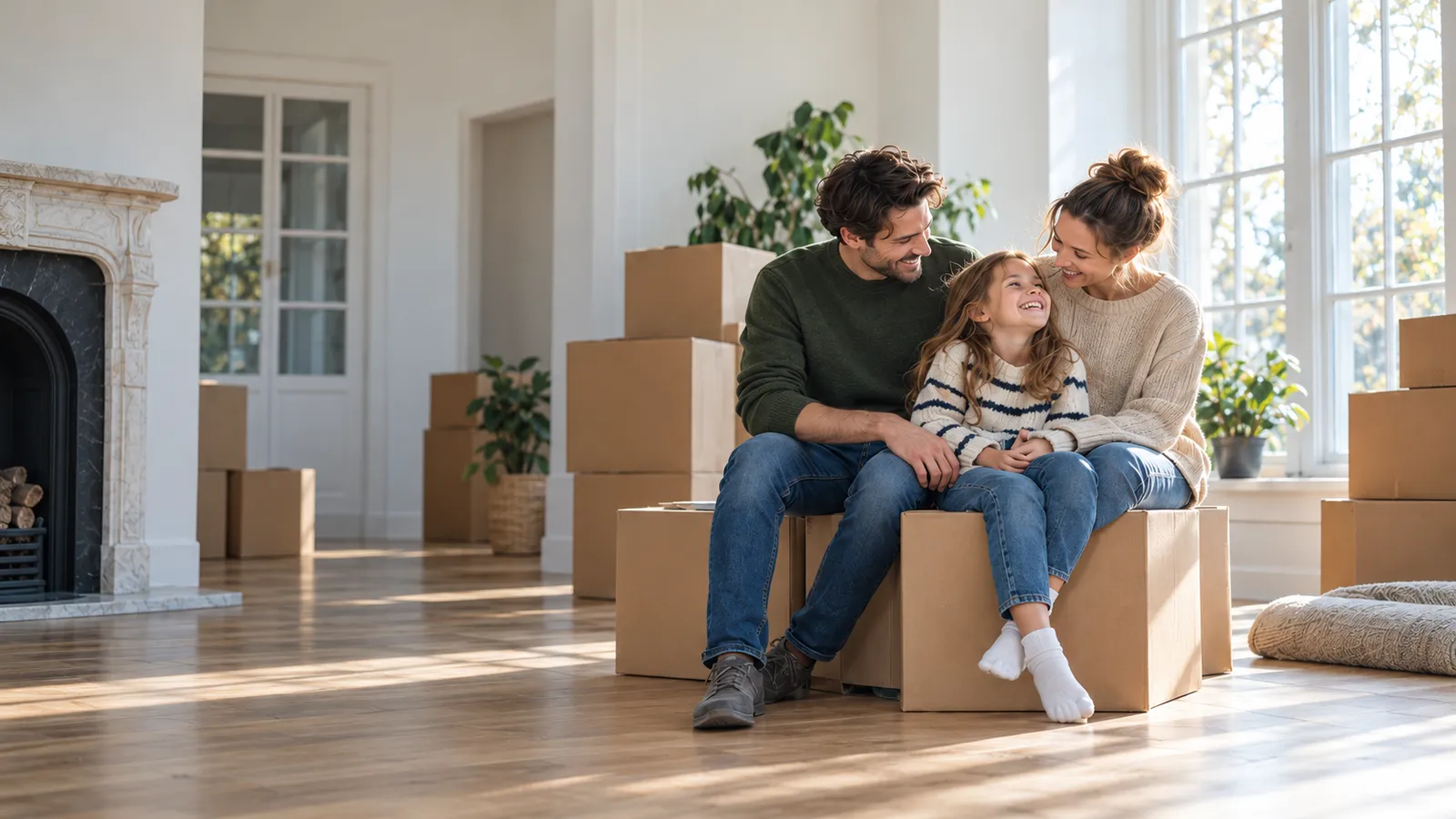 A mother, father and their young daughter laughing together on moving boxes in a bright, empty new living room
