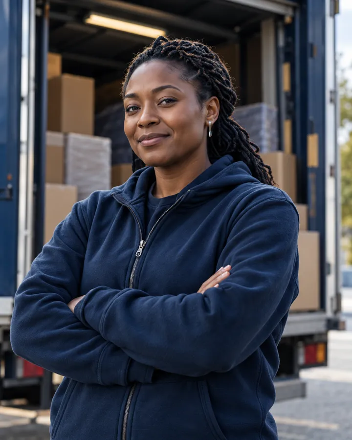 Dana Okafor, arms folded, in a navy work jacket at the open back of a removal lorry