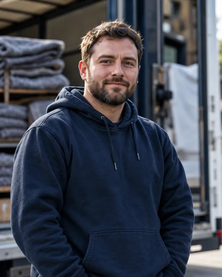 Lewis Grant in a navy hoodie in front of a lorry stacked with folded moving blankets