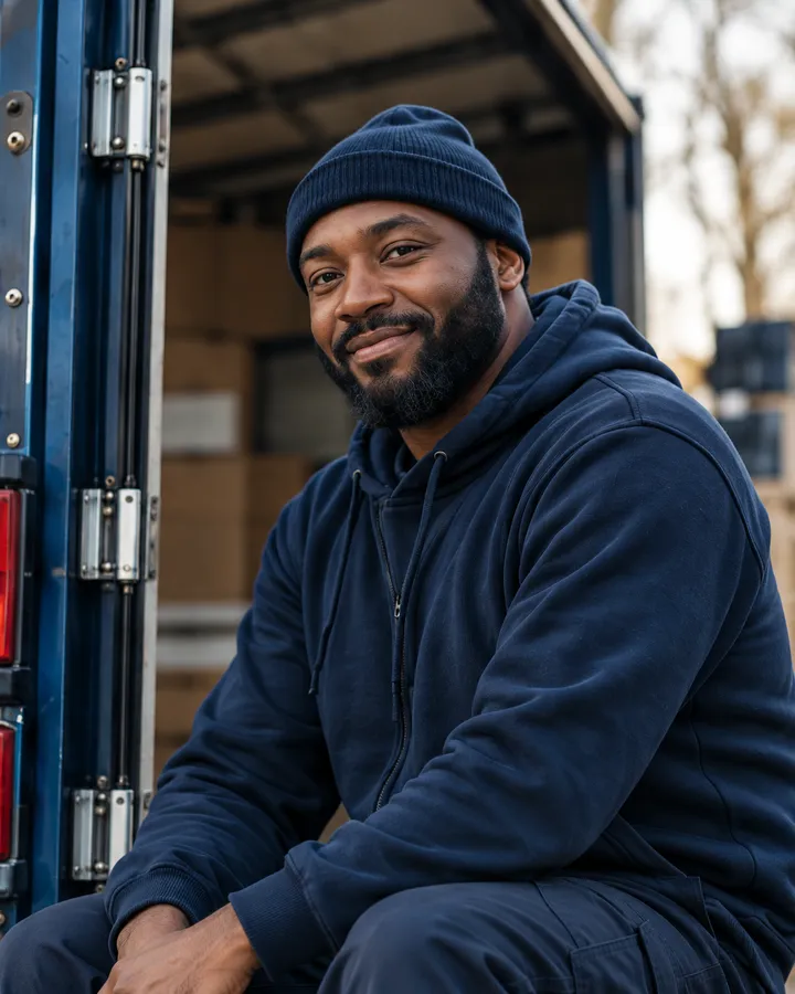 Marcus Reid in a navy beanie and hoodie leaning by the open door of a dark-blue lorry