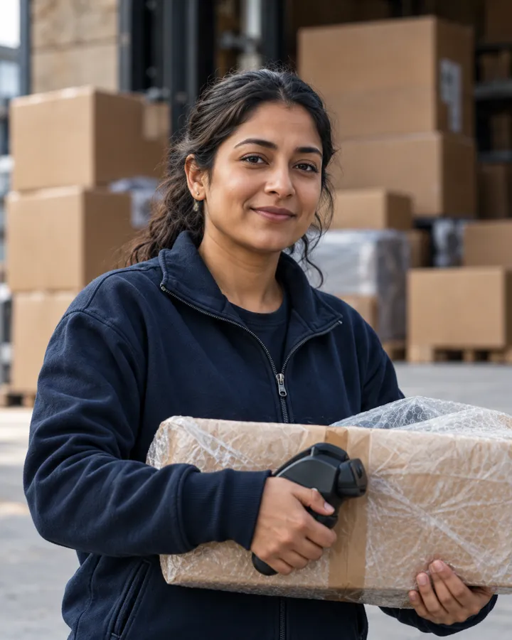 Priya Sandhu in a navy work jacket holding a parcel wrapped in brown paper, boxes stacked behind her
