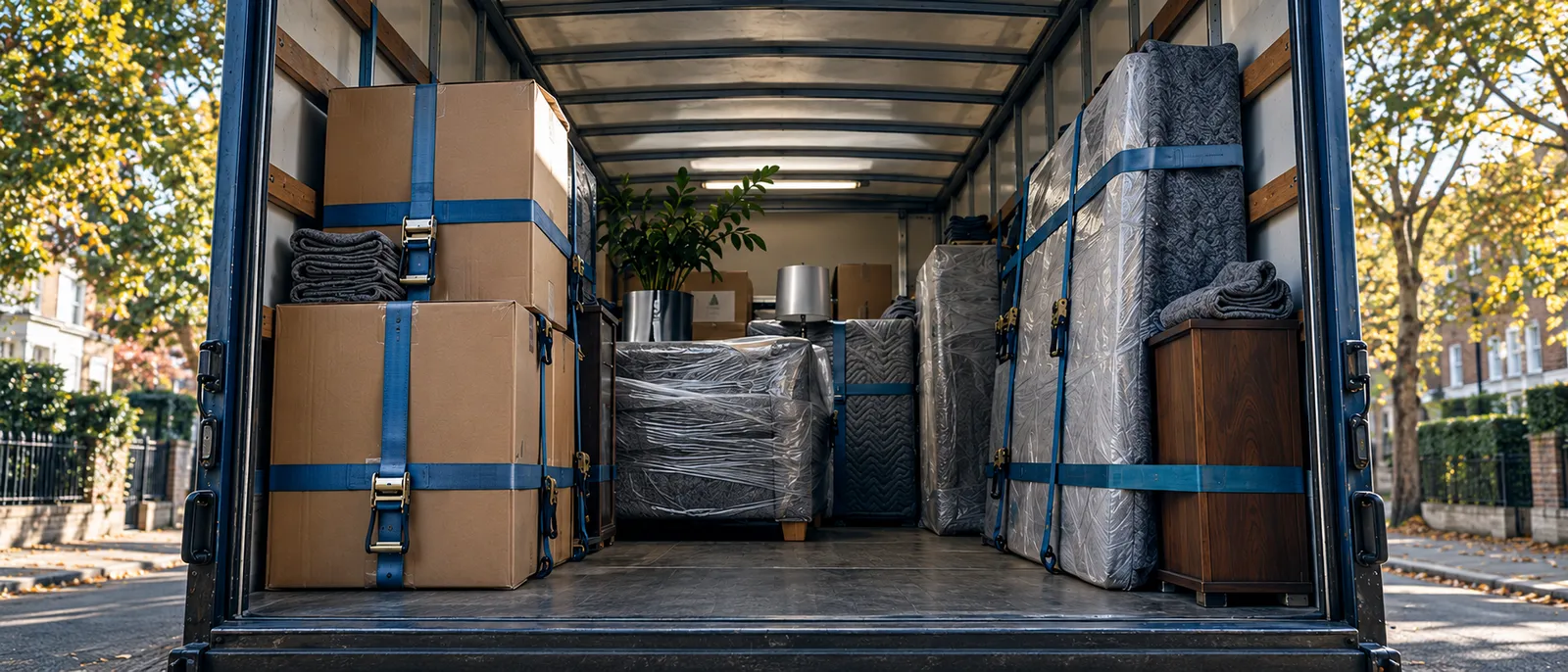 Inside a removal lorry: boxes, a cabinet and furniture wrapped in grey blankets, strapped to the walls with blue ratchet straps