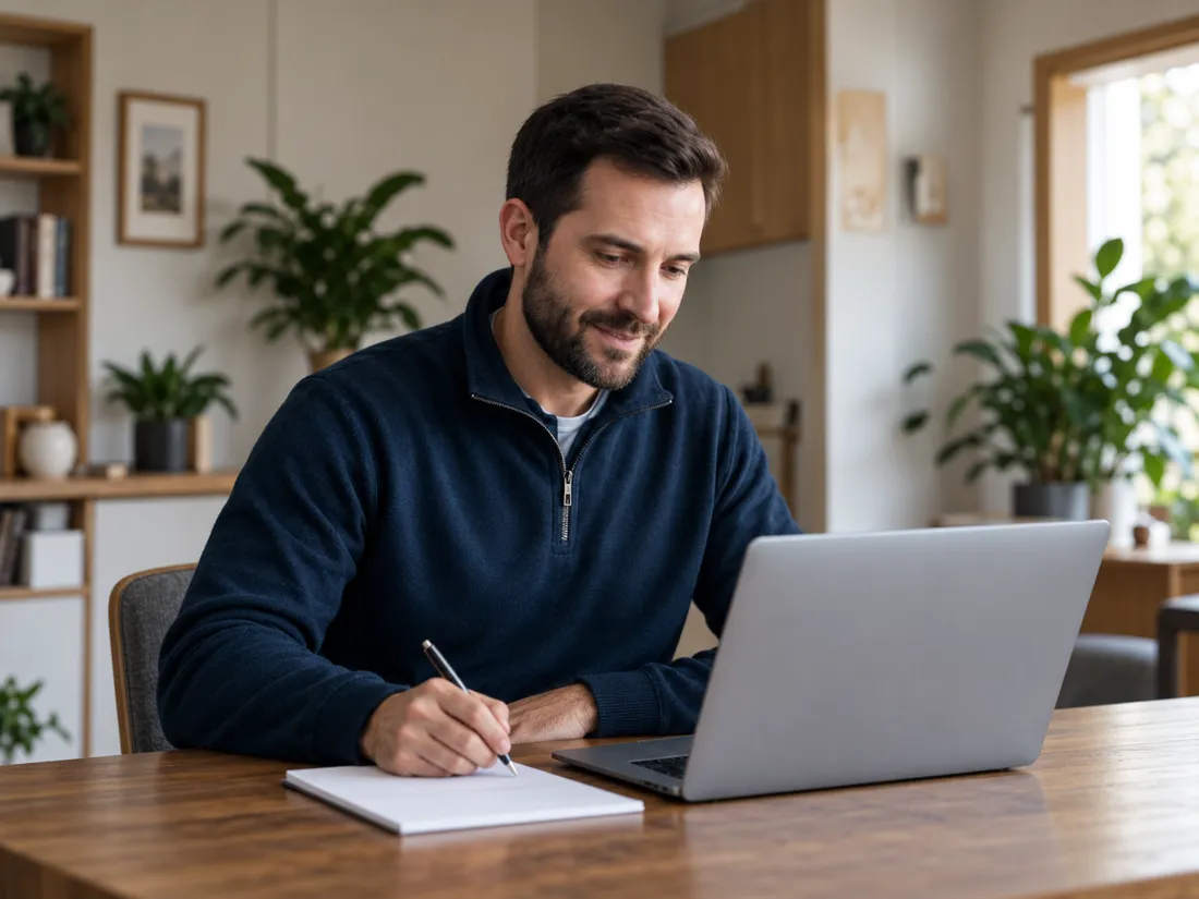 A man in a navy jumper writing up a quote at a desk beside his laptop