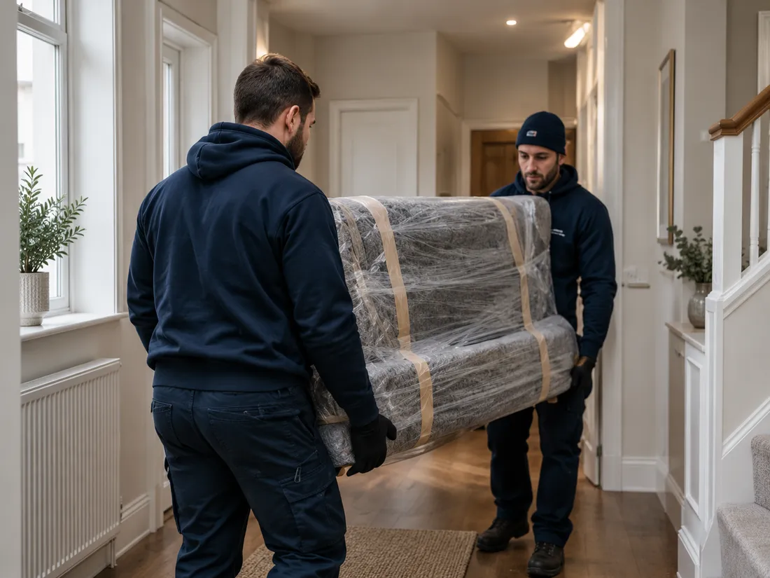 Two movers carrying a sofa wrapped in grey blankets and film through a bright hallway