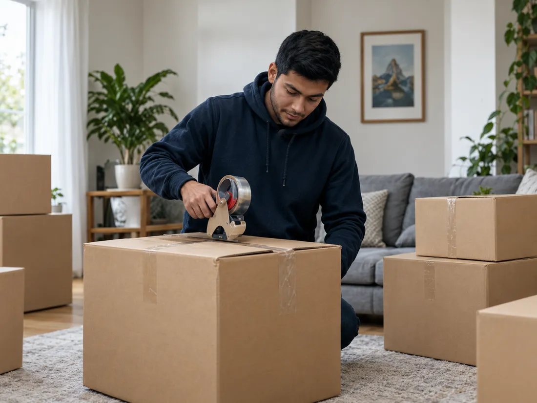 A mover in a navy hoodie taping up a cardboard box on a living-room floor