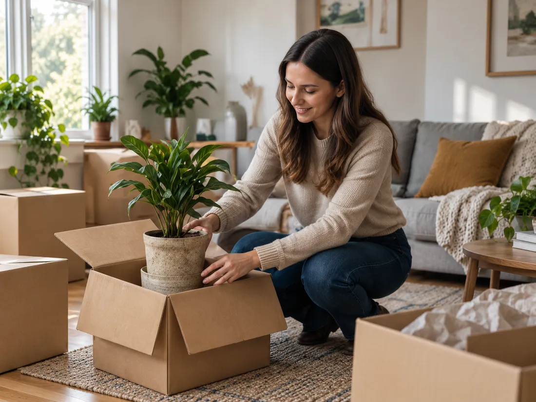 A woman kneeling by an open box, lifting out a potted plant in her new living room