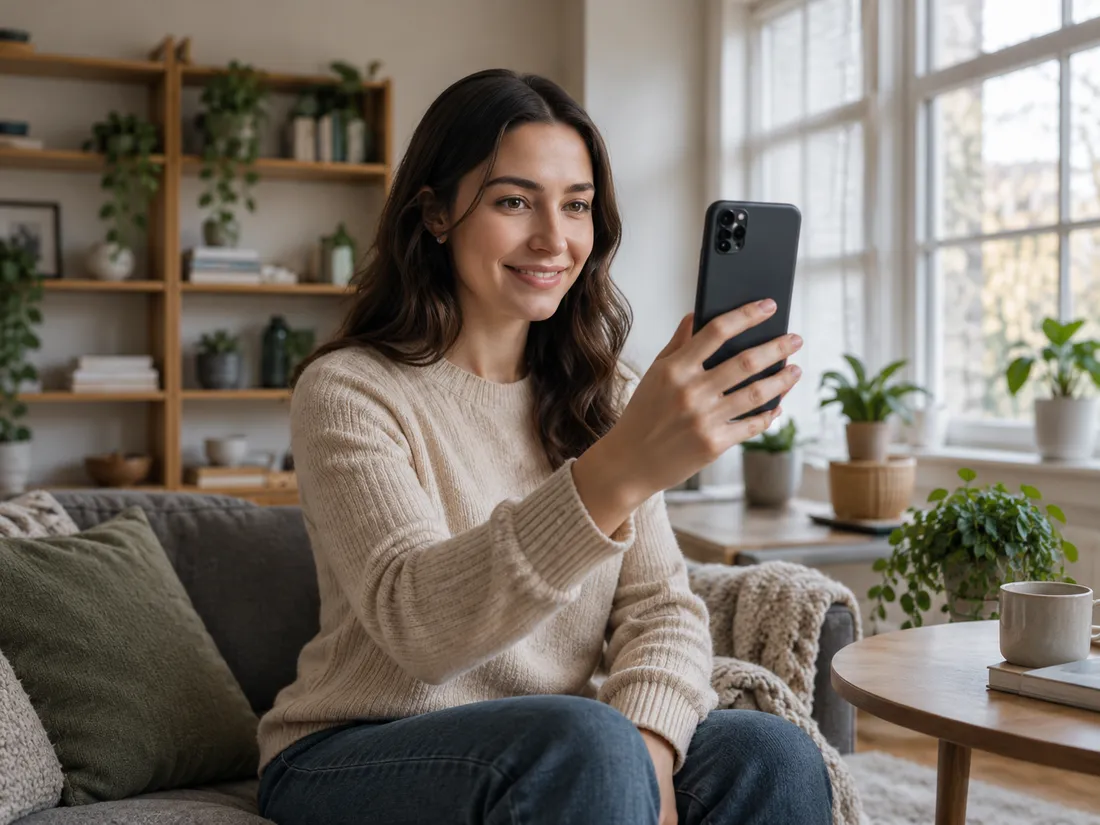 A woman holding up her phone to film her sitting room for a video survey