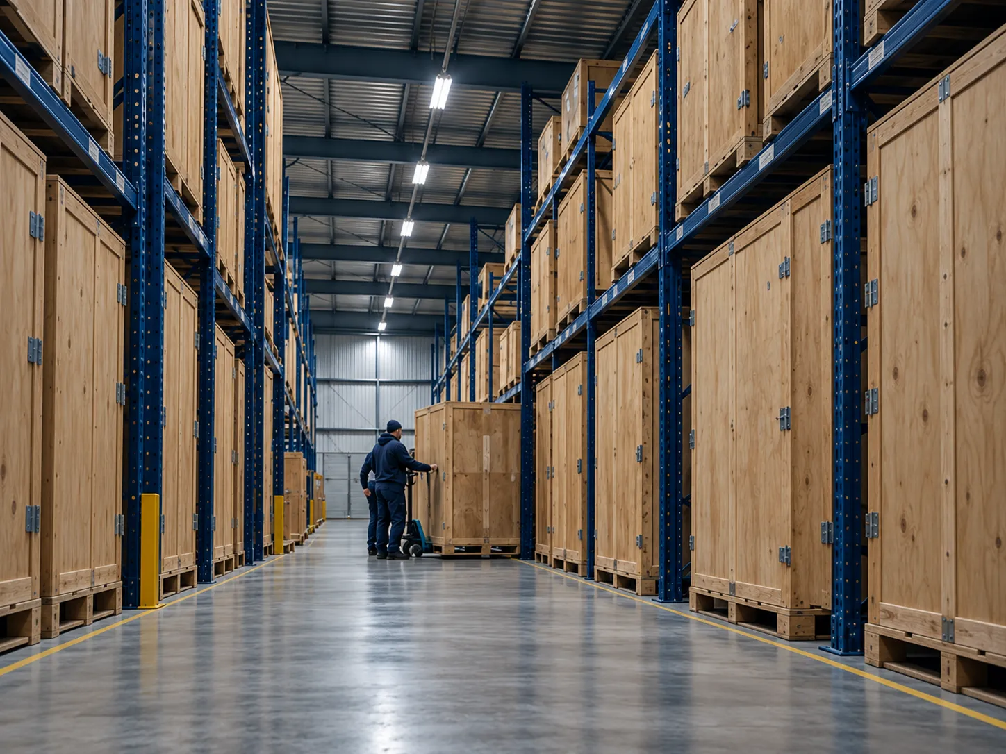 An aisle of blue steel racking stacked with wooden storage containers, a worker moving one with a pallet truck