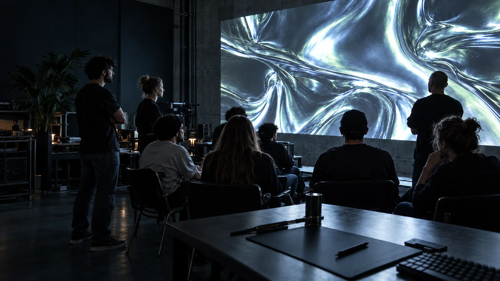A team in a dark concrete screening room, seen from behind, watching a huge projection of liquid silver light, a pen tablet and keyboard on the table in front