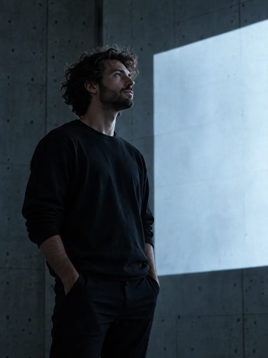 A man in a black sweater standing in front of a pale projection on a concrete wall, looking up into the light
