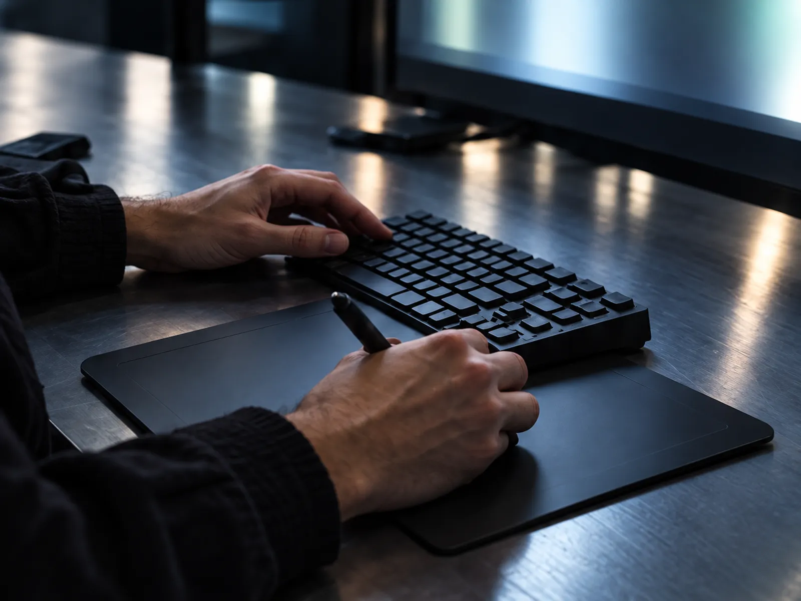 Hands moving between a black pen tablet and a compact keyboard on a dark steel desk