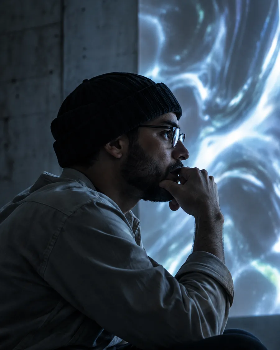 Ilias Demir in glasses and a black beanie, chin on his hand, studying a projection of liquid light
