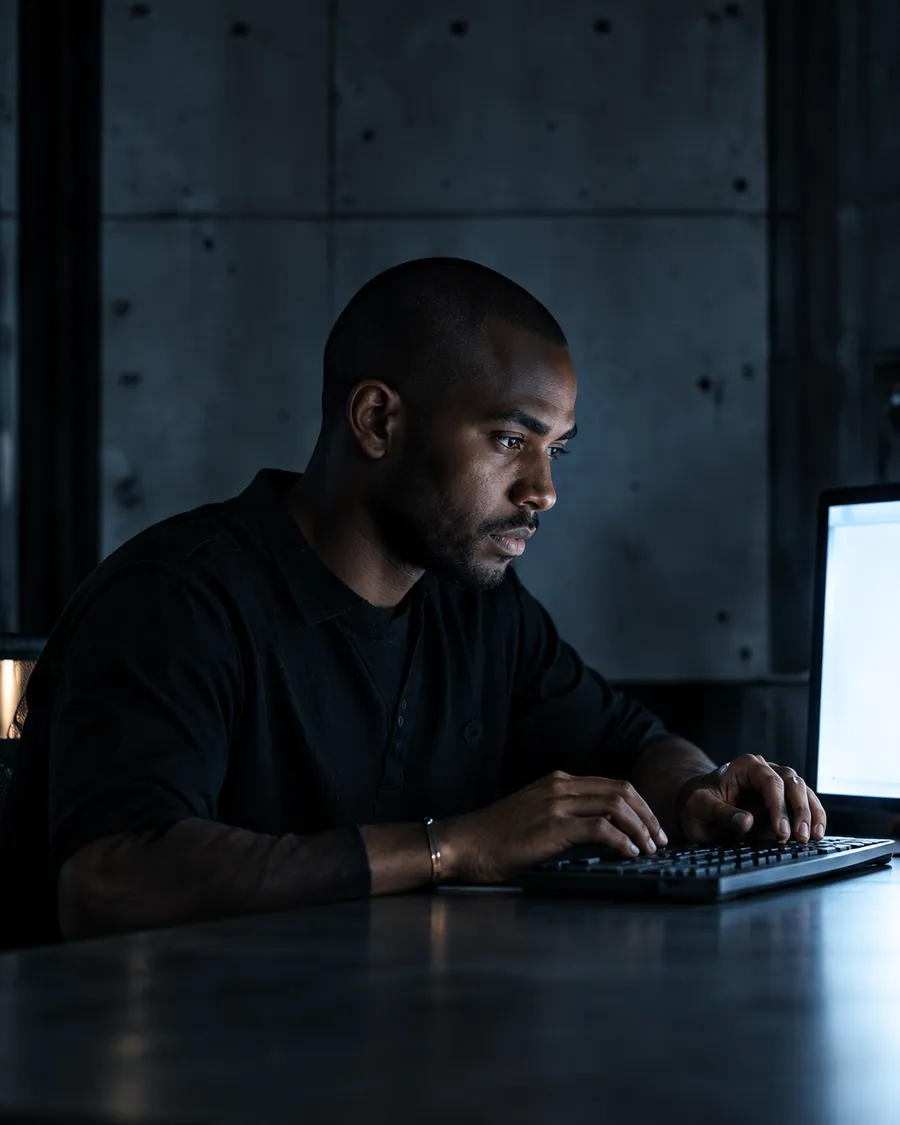 Kwame Osei typing at a keyboard under cool monitor light in a dark studio