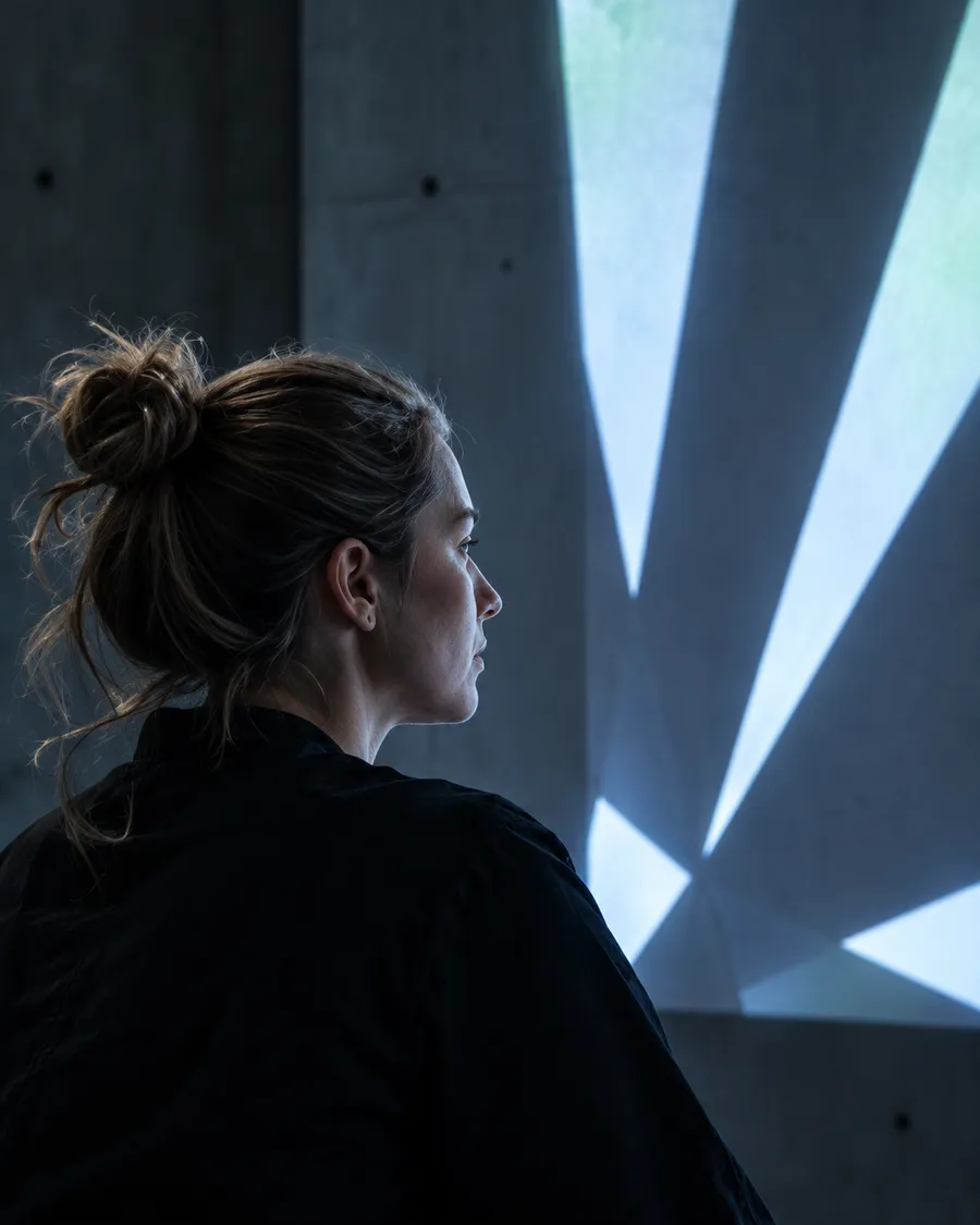 Maud Verhoeven, hair tied up, watching a projection of sharp white shards of light