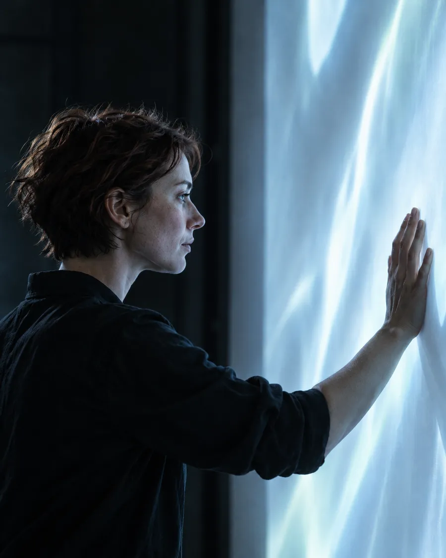 Saoirse Behan with short auburn hair, her palm against a glowing pale-blue projection