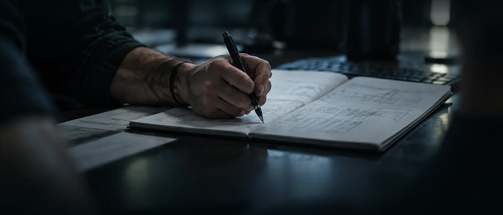 A hand sketching with a black pen in an open notebook beside a keyboard
