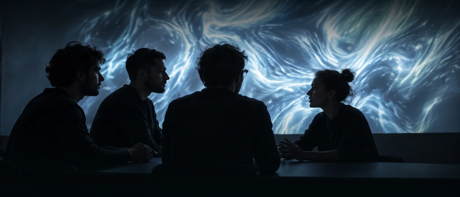 Four people in silhouette talking at a table in front of a projection of liquid light
