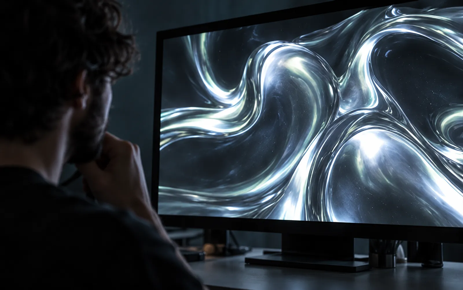 A developer, chin on his hand, watching a monitor filled with flowing liquid silver light